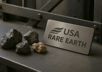 Minerales de tierras raras y placa metálica con logotipo de USA Rare Earth.