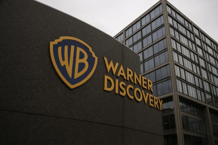 Fachada moderna de Warner Bros. Discovery con su logotipo dorado destacado en primer plano.