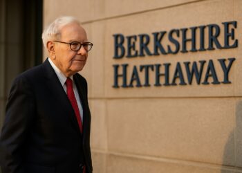 Warren Buffett caminando al atardecer frente al edificio de Berkshire Hathaway, tono reflexivo.