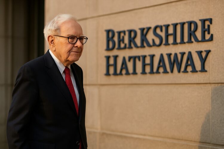 Warren Buffett caminando al atardecer frente al edificio de Berkshire Hathaway, tono reflexivo.