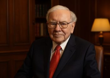 Warren Buffett en oficina corporativa elegante tras movimientos recientes en su cartera.