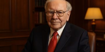 Warren Buffett en oficina corporativa elegante tras movimientos recientes en su cartera.