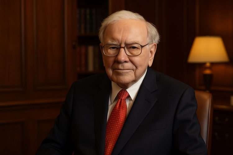 Warren Buffett en oficina corporativa elegante tras movimientos recientes en su cartera.