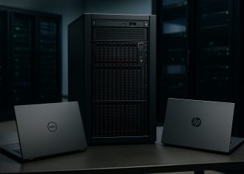 Servidor central rodeado por laptops Dell y HP en un data center.