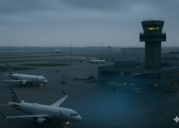 Vista aérea de un aeropuerto con aviones en pista y torre de control iluminada al amanecer nublado.