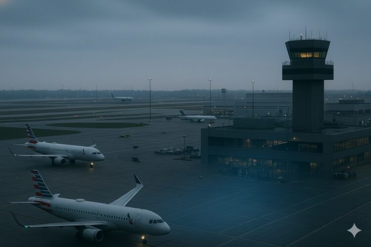 Vista aérea de un aeropuerto con aviones en pista y torre de control iluminada al amanecer nublado.