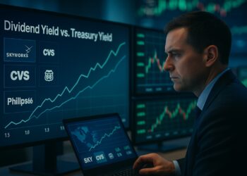 Ejecutivo de Bank of America observa pantallas con gráficos de rendimiento y logotipos de Skyworks, CVS y Phillips 66 en sala de trading.