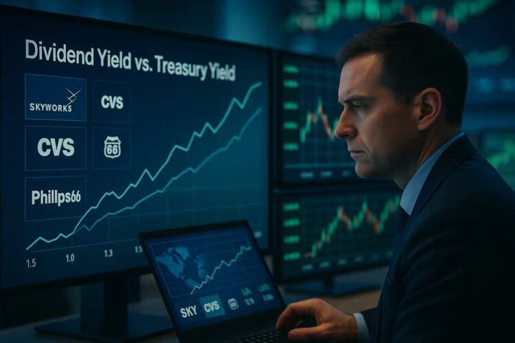 Ejecutivo de Bank of America observa pantallas con gráficos de rendimiento y logotipos de Skyworks, CVS y Phillips 66 en sala de trading.