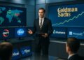 Ejecutivo de Goldman Sachs expone ante pantallas con mapas financieros y logotipos de empresas en sala internacional.
