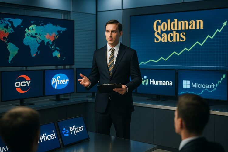 Ejecutivo de Goldman Sachs expone ante pantallas con mapas financieros y logotipos de empresas en sala internacional.
