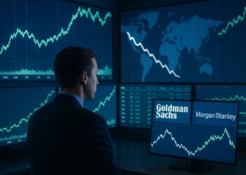 Operador financiero ante monitores con mapa mundial y curvas; solo logos de Goldman Sachs y Morgan Stanley visibles.