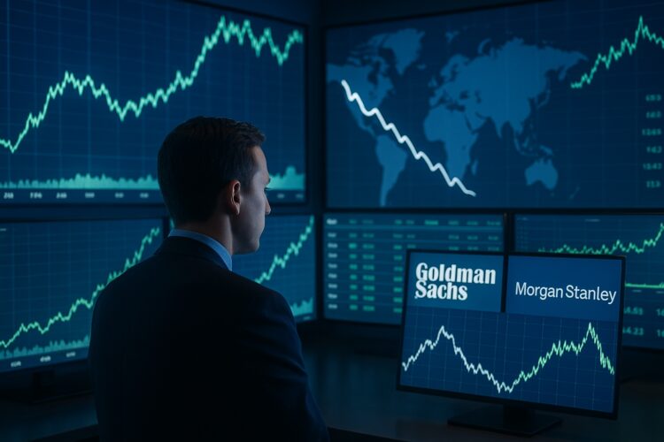 Operador financiero ante monitores con mapa mundial y curvas; solo logos de Goldman Sachs y Morgan Stanley visibles.