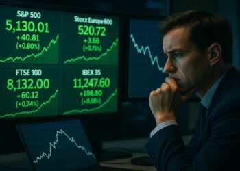 Analistas mira gráficos del S&P 500, Stoxx 600, FTSE 100 e IBEX 35 en entorno azul verdoso de sala de trading.