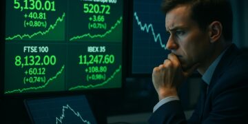 Analistas mira gráficos del S&P 500, Stoxx 600, FTSE 100 e IBEX 35 en entorno azul verdoso de sala de trading.