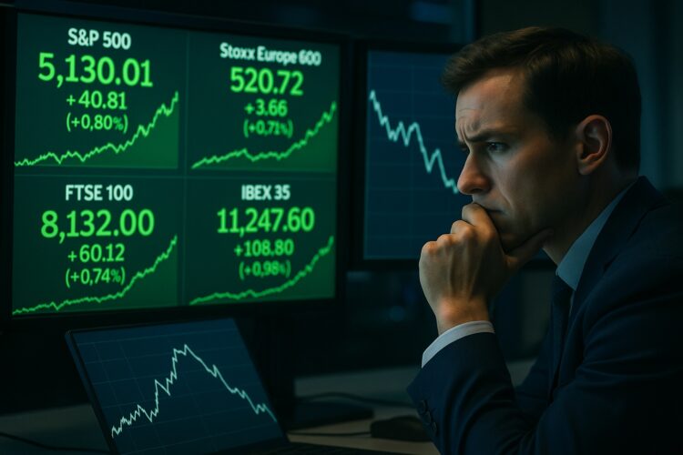 Analistas mira gráficos del S&P 500, Stoxx 600, FTSE 100 e IBEX 35 en entorno azul verdoso de sala de trading.