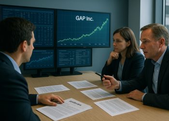 Equipo financiero observa gráficos ascendentes y reportes de Jefferies en oficina