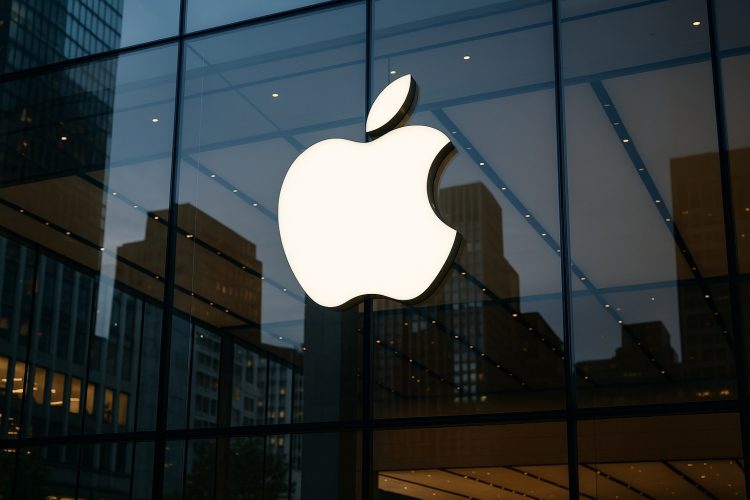Logo iluminado de Apple en la fachada de una tienda mientras la marca lidera el ajuste en Big Tech.