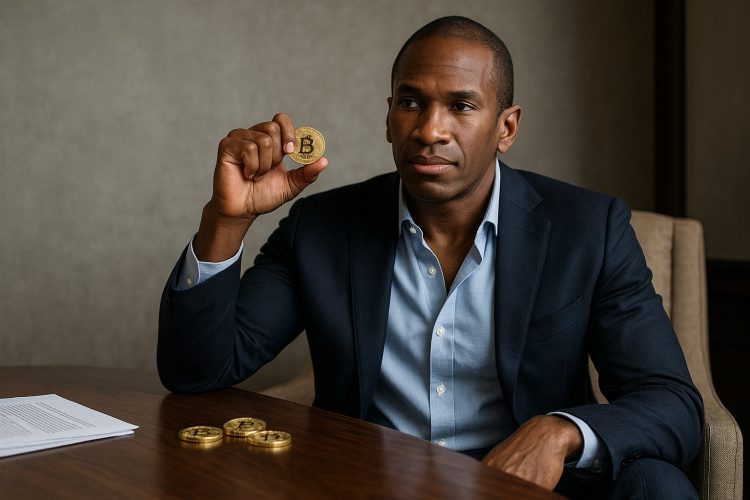 Arthur Hayes sentado en un sillón, sosteniendo una moneda de Bitcoin y mirando con gesto seguro.