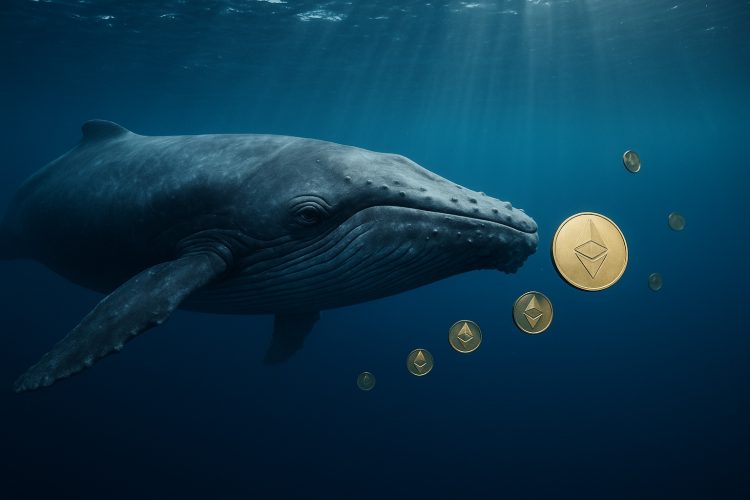 Ballena nadando entre monedas de Ethereum en el océano, simbolizando venta masiva.