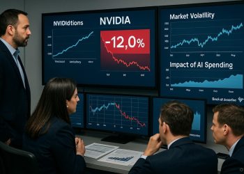 Equipo de Bank of America revisa pantallas con caída del 12% de Nvidia y gráficos de volatilidad