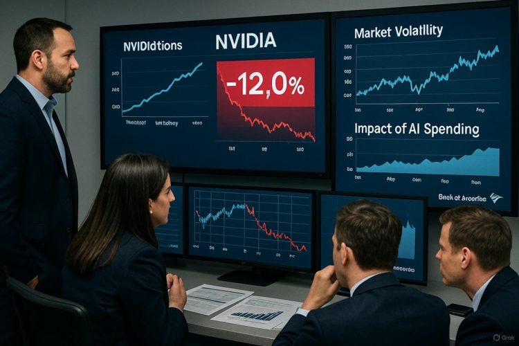 Equipo de Bank of America revisa pantallas con caída del 12% de Nvidia y gráficos de volatilidad