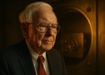 Warren Buffett en primer plano con luz cálida editorial que refleja récord de Berkshire Hathaway.