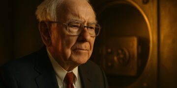 Warren Buffett en primer plano con luz cálida editorial que refleja récord de Berkshire Hathaway.