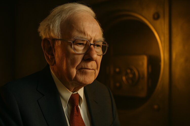 Warren Buffett en primer plano con luz cálida editorial que refleja récord de Berkshire Hathaway.