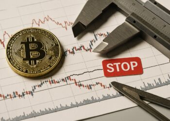 Moneda física de Bitcoin sobre gráfico bajista con relieve y etiqueta roja de alerta técnica.