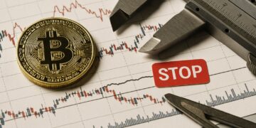 Moneda física de Bitcoin sobre gráfico bajista con relieve y etiqueta roja de alerta técnica.