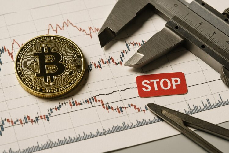 Moneda física de Bitcoin sobre gráfico bajista con relieve y etiqueta roja de alerta técnica.