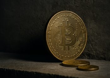 Moneda física de Bitcoin apoyada contra una superficie rugosa, evocando presión y pérdidas.