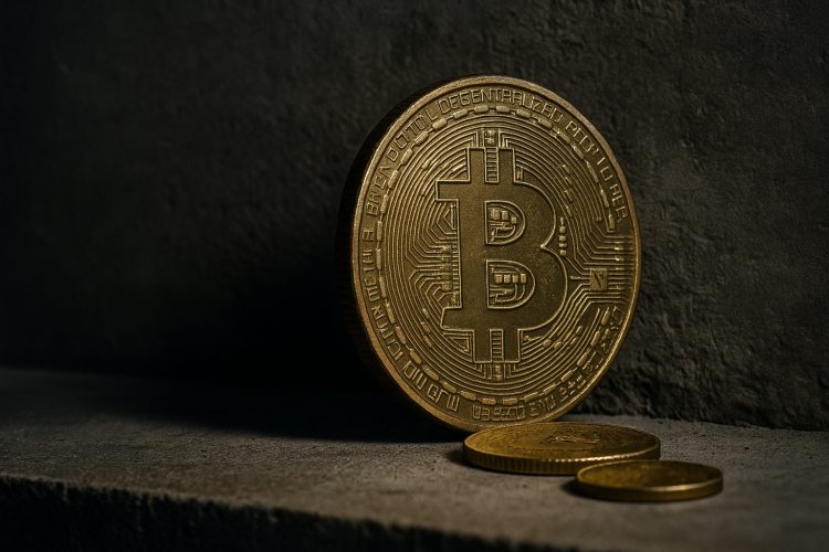 Moneda física de Bitcoin apoyada contra una superficie rugosa, evocando presión y pérdidas.