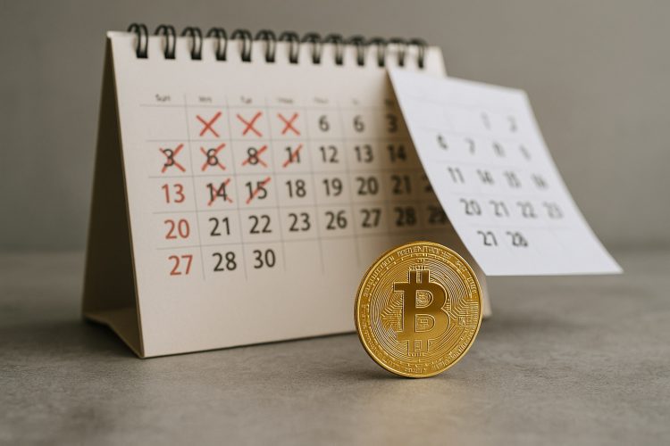 Moneda física de Bitcoin frente a un calendario con días tachados, sugiriendo rebote tras un mes difícil.