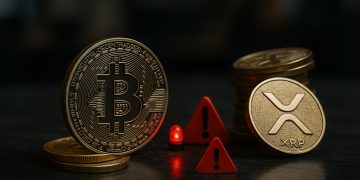 Monedas físicas de Bitcoin y XRP sobre superficie oscura junto a dos señales rojas de alerta.