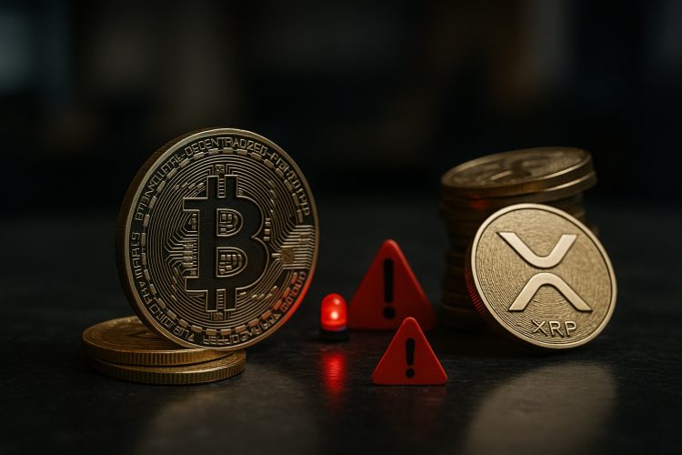 Monedas físicas de Bitcoin y XRP sobre superficie oscura junto a dos señales rojas de alerta.