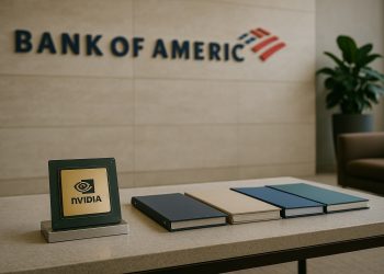 Lobby de Bank of America con chip de Nvidia y cuatro carpetas alineadas sobre la mesa.