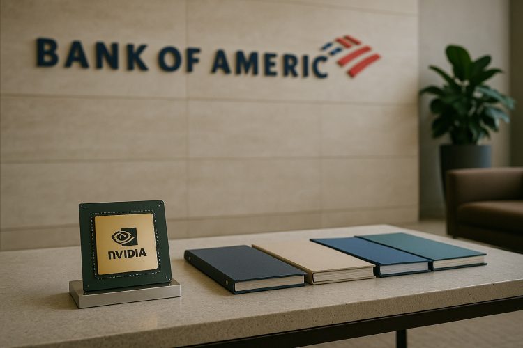 Lobby de Bank of America con chip de Nvidia y cuatro carpetas alineadas sobre la mesa.