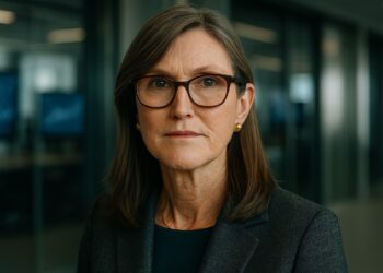 Cathie Wood en primer plano con fondo financiero moderno alusivo a inversión en criptomonedas.