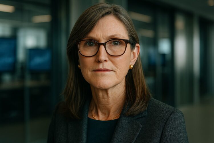 Cathie Wood en primer plano con fondo financiero moderno alusivo a inversión en criptomonedas.