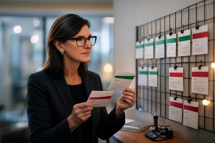 Cathie Wood observa fichas con franjas verdes y rojas en un panel, simbolizando compras y ventas en su portafolio.