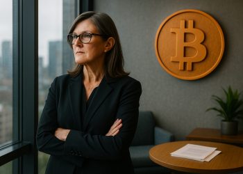 Cathie Wood mira por la ventana de una oficina, con un gran símbolo de Bitcoin en relieve detrás.