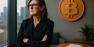 Cathie Wood mira por la ventana de una oficina, con un gran símbolo de Bitcoin en relieve detrás.