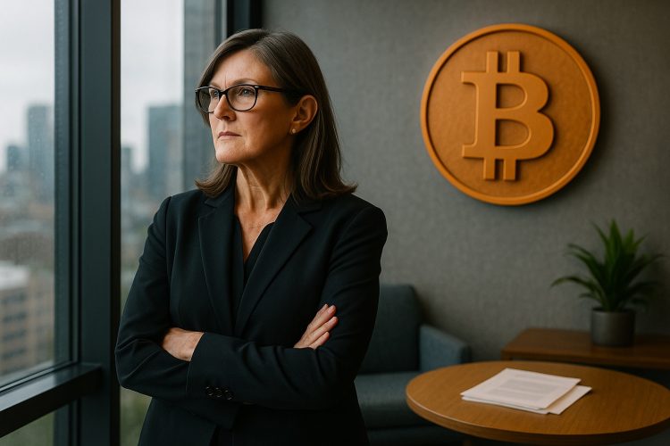 Cathie Wood mira por la ventana de una oficina, con un gran símbolo de Bitcoin en relieve detrás.