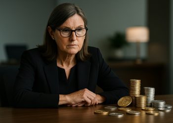 Cathie Wood en oficina moderna frente a una mesa con múltiples monedas cripto.