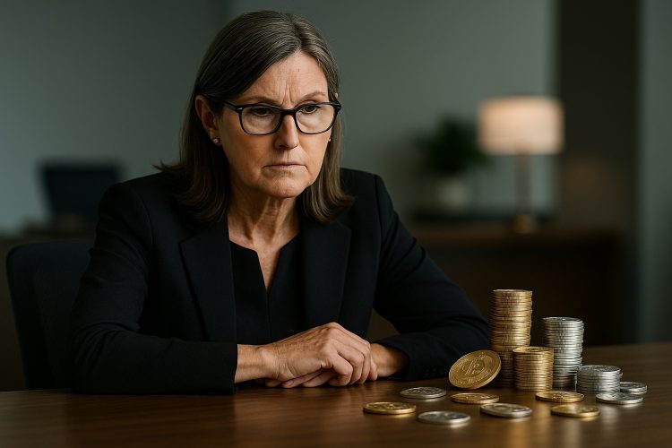 Cathie Wood en oficina moderna frente a una mesa con múltiples monedas cripto.