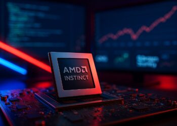 Primer plano de chip AMD Instinct sobre placa base con reflejos rojos y azules y pantallas de datos de IA al fondo.