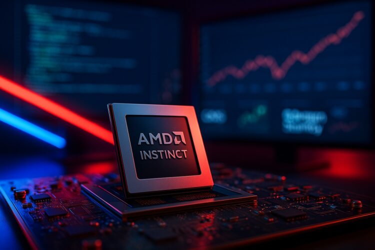 Primer plano de chip AMD Instinct sobre placa base con reflejos rojos y azules y pantallas de datos de IA al fondo.