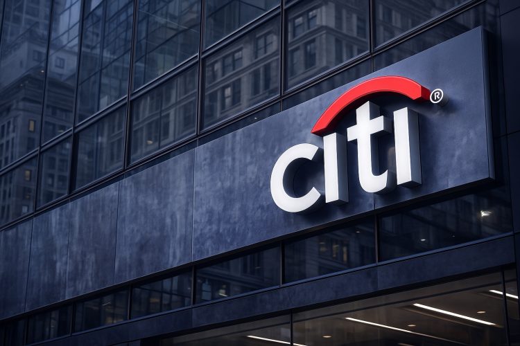 Fachada corporativa de Citigroup con su logo principal visible en un edificio urbano moderno.