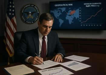 Funcionario del Departamento de Defensa revisa gráficos y mapa de riesgo sobre tierras raras